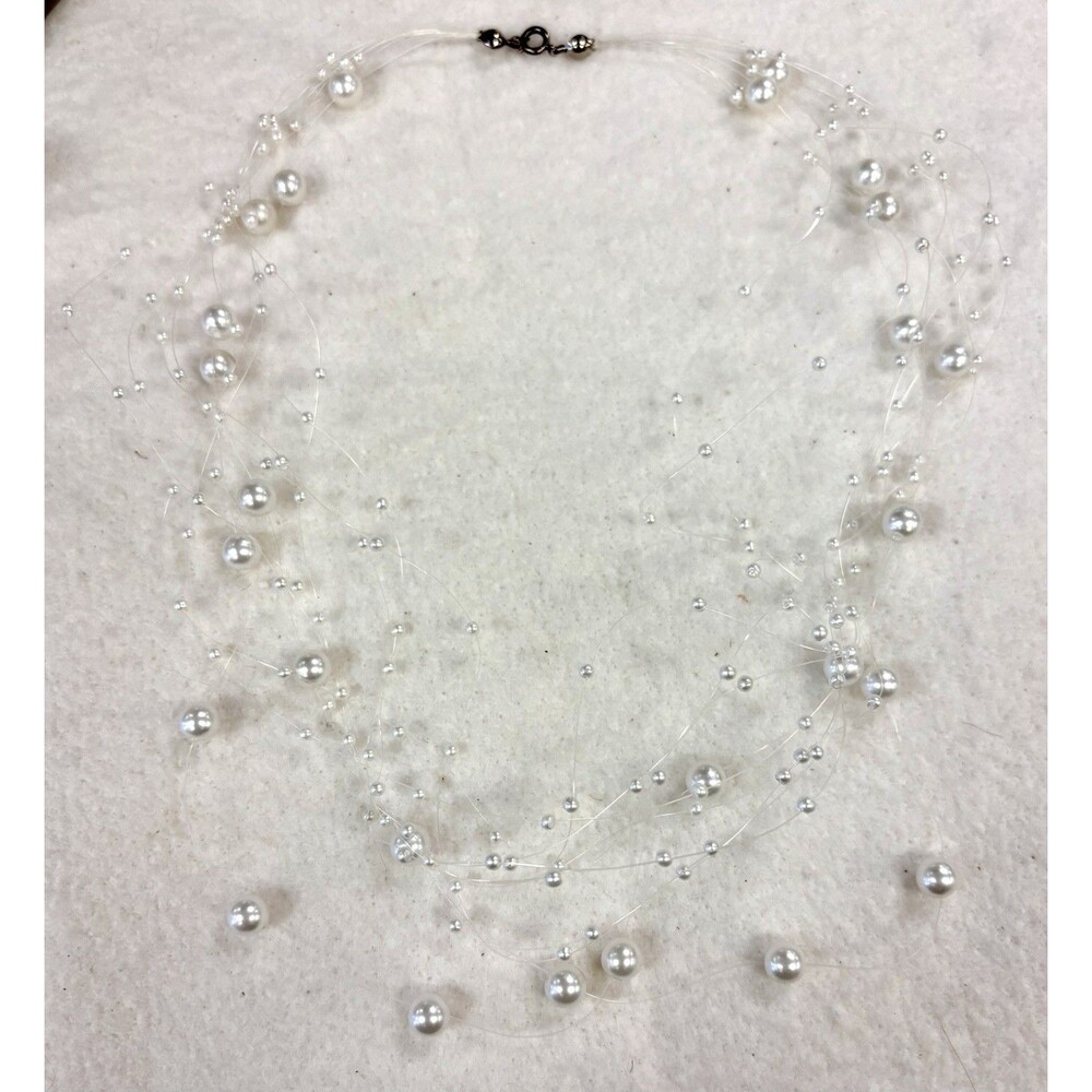 Multi Strand Floating Faux Pearl Illusion Necklace 22” Bridal Wedding White